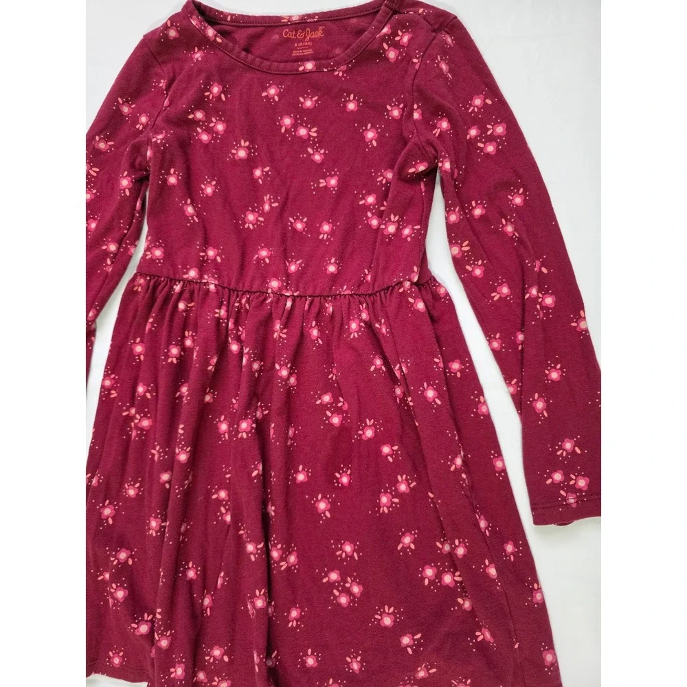 Cat & Jack Girls Burgundy Floral Long Sleeve Jersey Dress Maroon Size S 6/6X